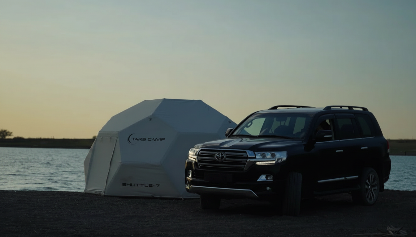 Luxury glamping geodesic dome tent at golden hour on the endless Kazakh steppe with distant Tian Shan foothills