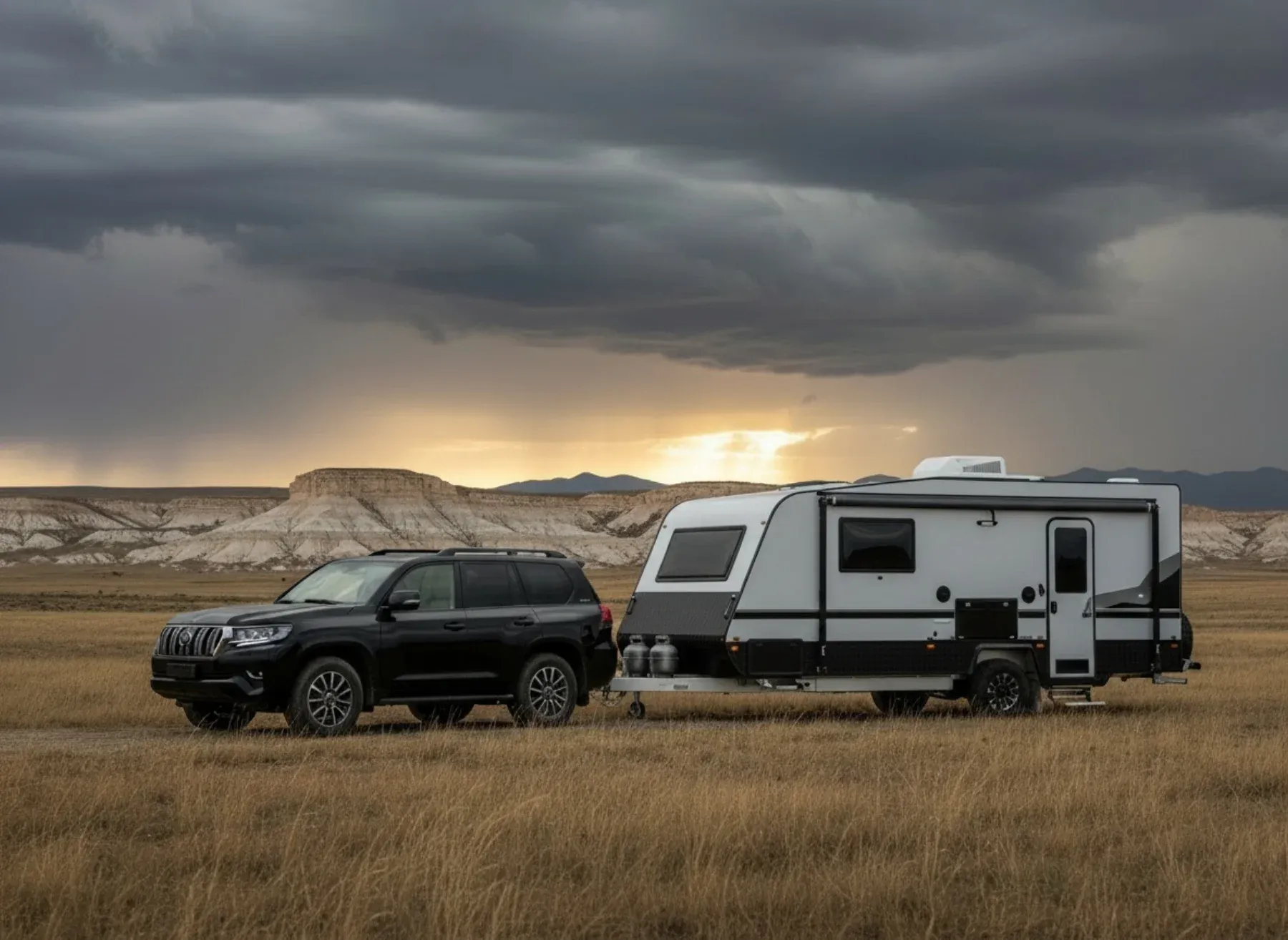 Black Land Cruiser and white expedition caravan on a stormy steppe plateau