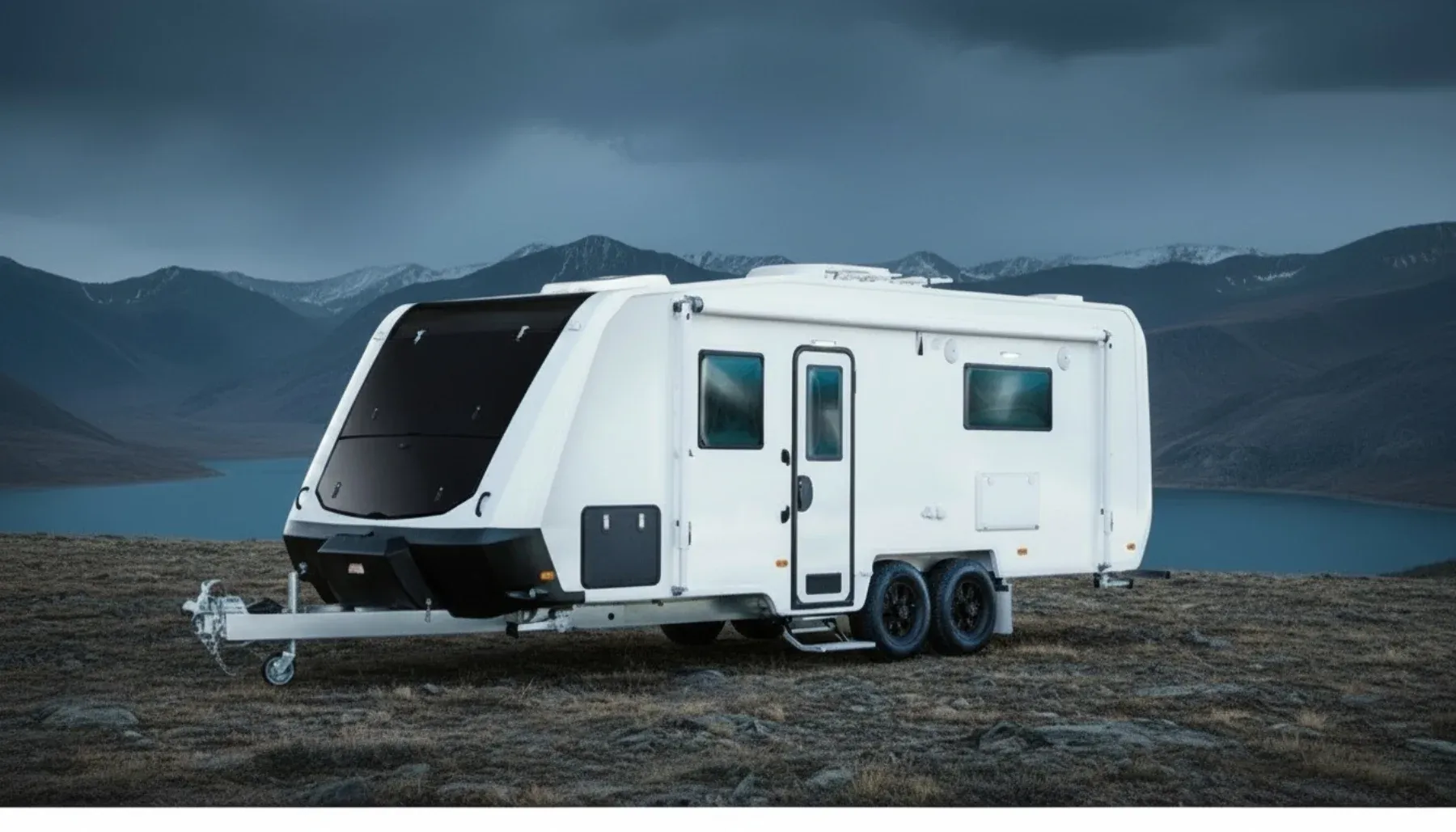 Premium white-and-black aerodynamic touring caravan on a remote Kazakh mountain plateau above an alpine lake at blue hour